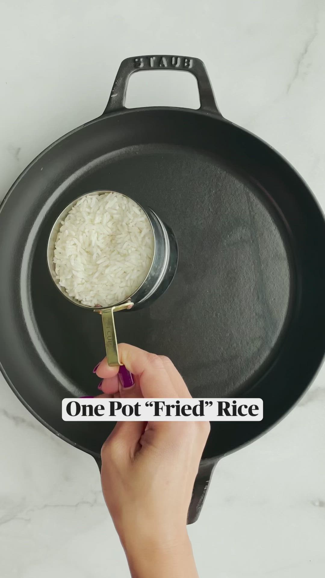 This may contain: a person holding a spoon with rice in it on a skillet that says one pot fried rice