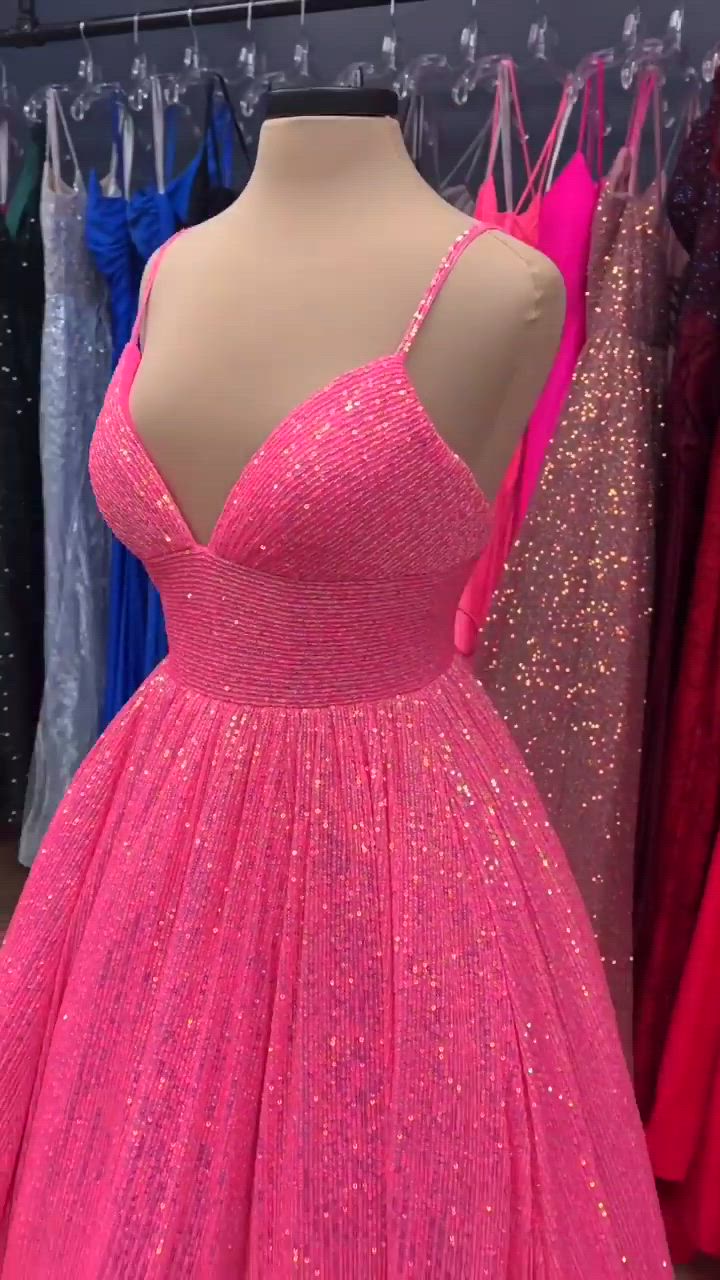 love this barbie pink sequin ball gown, v-neckline with floor length skirt