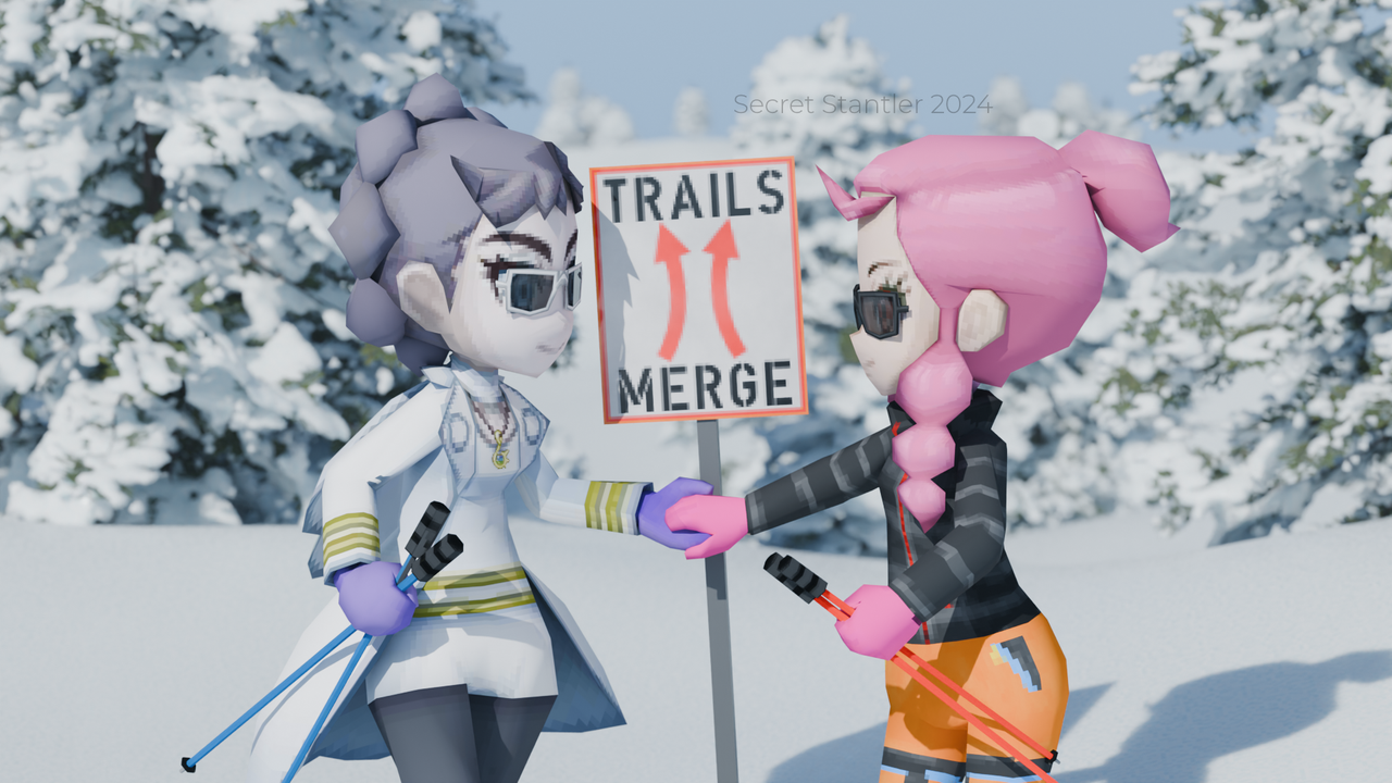 Malva and Diantha hold hands in front of a sign that says Trails Merge