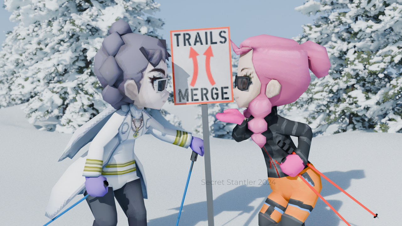 Malva blows a kiss to Diantha in front of a sign that says Trails Merge