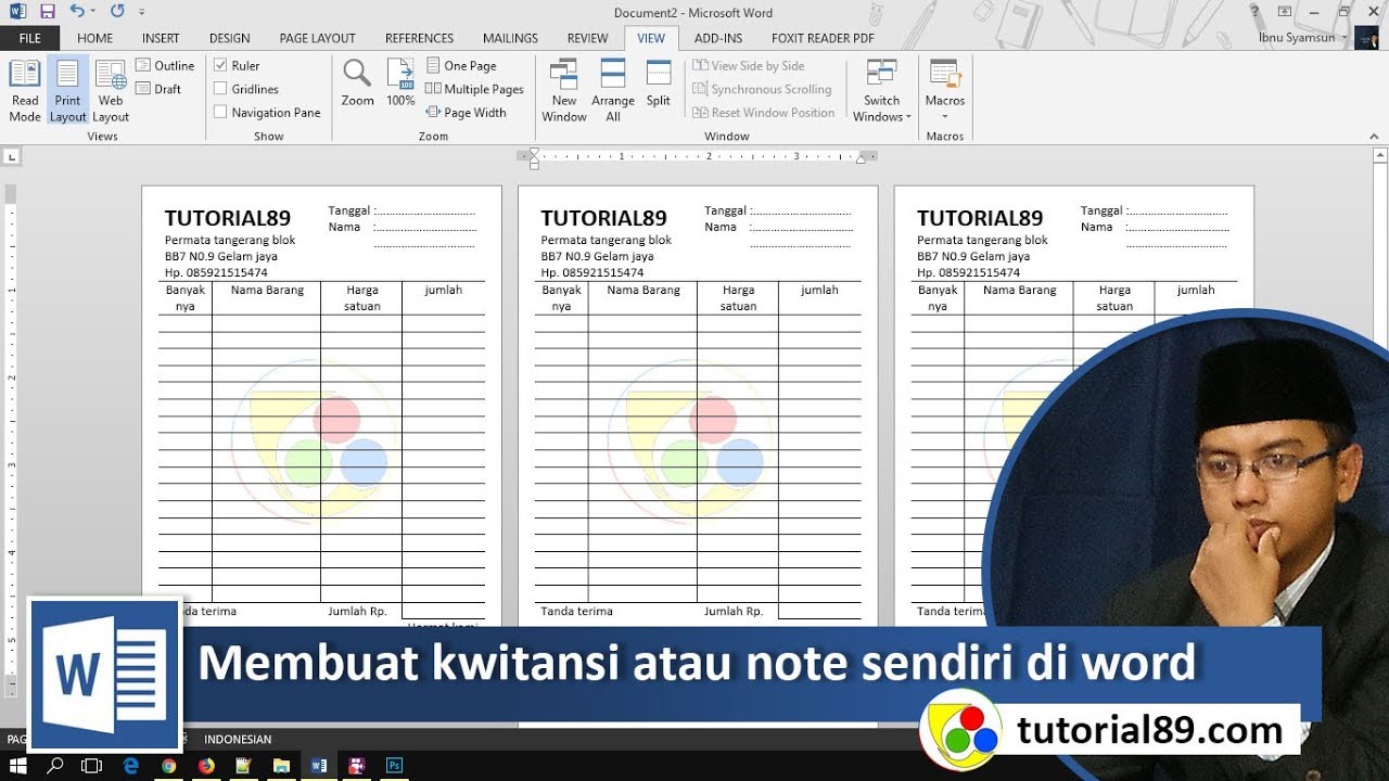 cara membuat kwitansi atau note di word + Template kwitansi