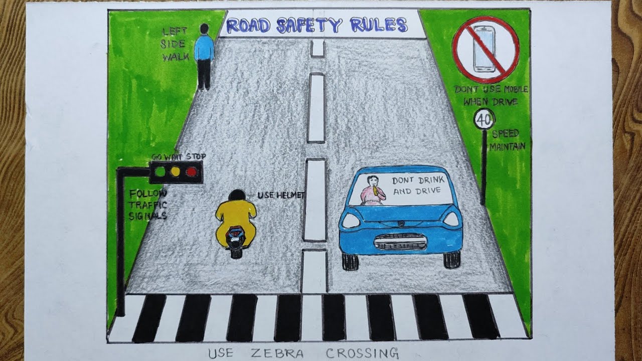 Road safety rules drawing step by step so easy - YouTube