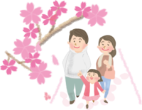 Illustration of going out for a walk with parents and children of cherry blossom viewing / Spring