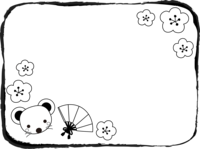 Black and white frame of mouse, folding fan and plum blossom