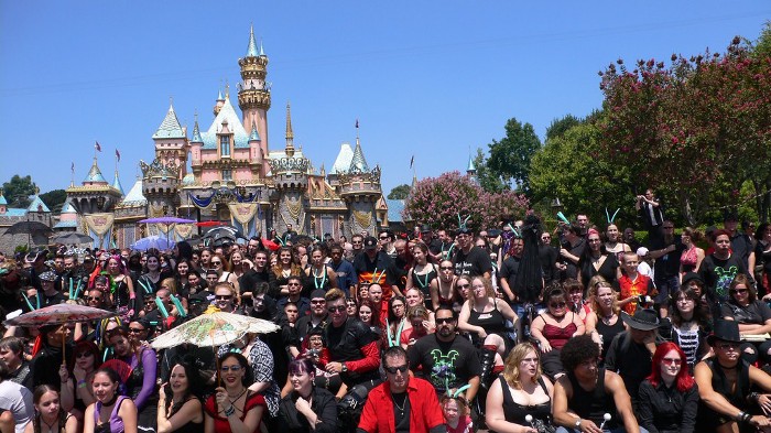 A crowd of goths in front of the Disneyland castle posed for a group photo at the 2007 'Bat's Day in the Fun Park.'