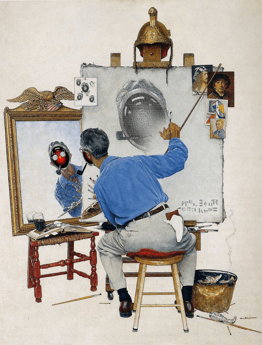 Norman Rockwell’s ‘self portrait.’ All the Rockwell faces have been replaced with HAL 9000 from Kubrick’s ‘2001: A Space Odyssey.’ His signature has been modified with a series of rotations and extra symbols. He has ten fingers on his one visible hand. Image: Cryteria (modified) https://commons.wikimedia.org/wiki/File:HAL9000.svg CC BY 3.0 https://creativecommons.org/licenses/by/3.0/deed.en
