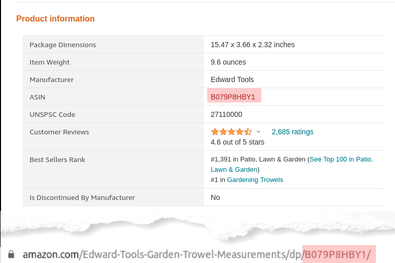 The product listing and URL for an Amazon product page, with the ASINs highlighted in pink.