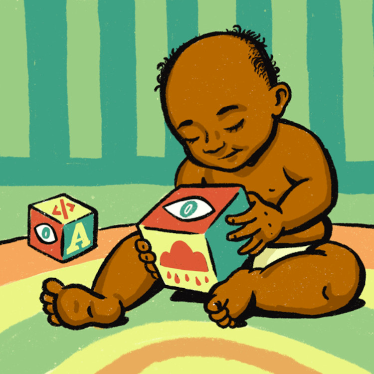 A Black baby playing with alphabet blocks; the blocks have creepy staring eyes and XML tags on their faces.