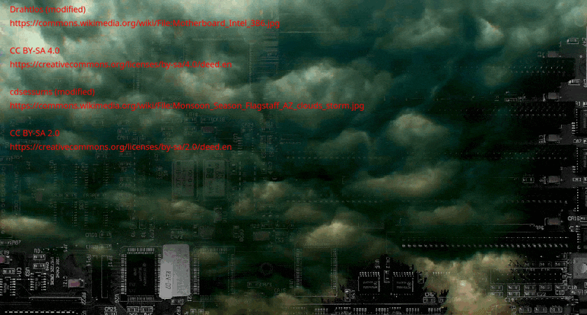 An animation built around an image of dark, menacing storm clouds. Peeking through the clouds is a 386 motherboard, which slowly crossfades to a Code Waterfall effect from the credit sequence of the Wachowskis' 'The Matrix.' The animation crossfades back and forth in an endless loop.