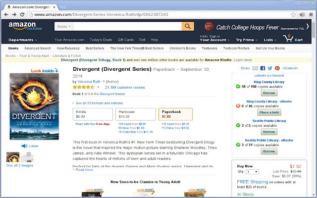 A screenshot from Library Extension, showing an Amazon listing for one of the Divergent books with the 'Buy' button replaced by buttons to reserve at a variety of local libraries.