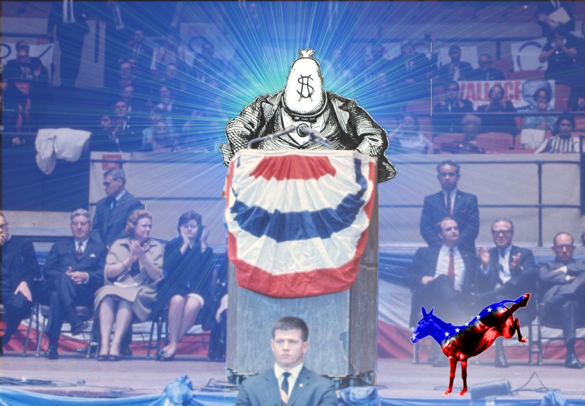 An altered image of a 1968 George Wallace campaign rally at Madison Square Gardens, in which Wallace is speaking from a bunting-draped podium with a crowd behind him. Wallace has been replaced with a Gilded Age editorial campaign illustration depicting a portly millionaire with a money-bag for a head, limned by a blue 'supernova' effect. Stage left is a Democratic 'kicking donkey' image.