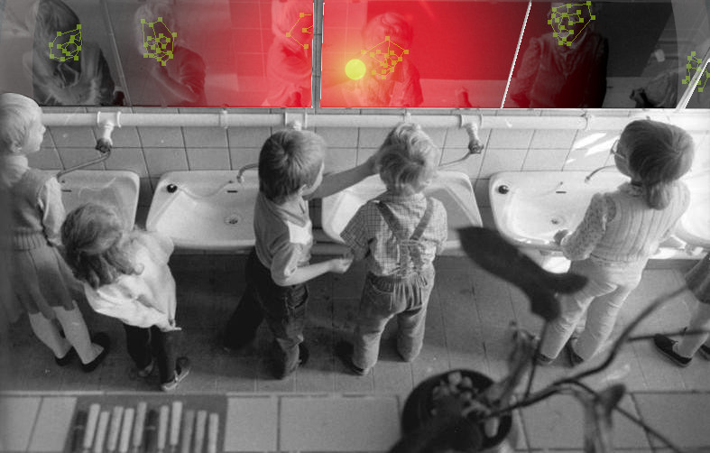 A line of kindergartners horsing around in a toddler-sized institutional bathroom, looking into the mirror. Out of the mirror is the glaring eye of HAL 9000 from 2001: A Space Odyssey. The kids' reflection is color-inverted, and their reflected, inverted faces are traced with facial recognition geometry lines.