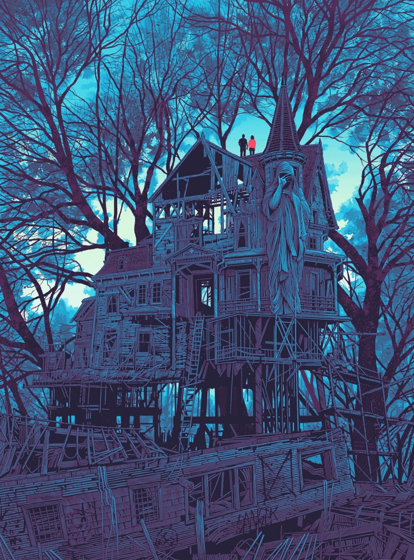 Daniel Danger's 'It stopped being about the panic,' depicting a ruined mansion interwoven with the skeletal branches of a tree, with a weeping statue and two human figures.