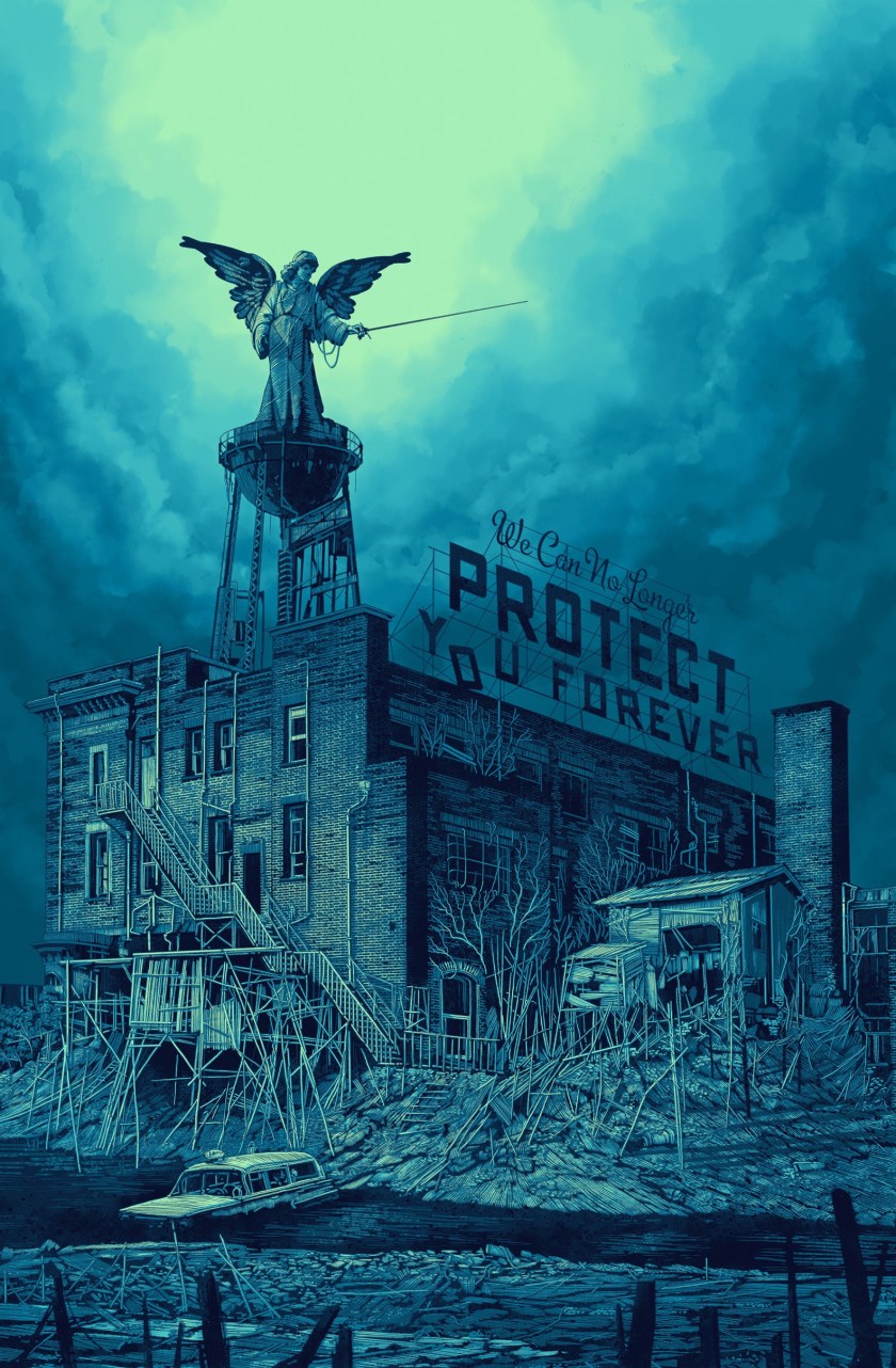 Daniel Danger's 'We are no longer able to protect you,' depicting a ruined factory with a coming-apart sign reading 'We can no longer protect you forever,' and a statue of a sword-bearing angel.