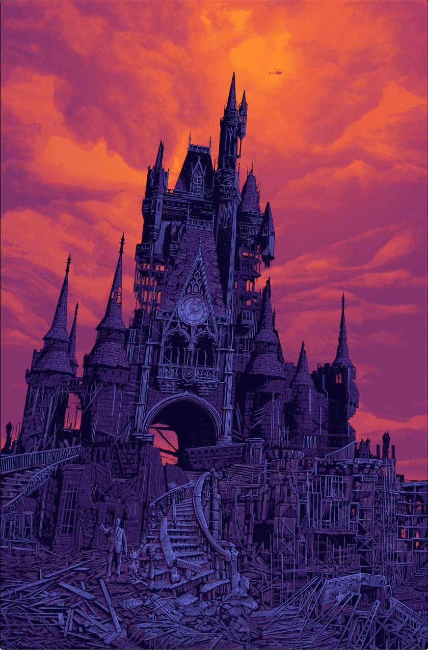 Daniel Danger's art print, 'To all who home to this happy place,' depicting a ruined Disneyland castle in a post-apocalyptic landscape with a statue of Walt and Mickey in the rubble.