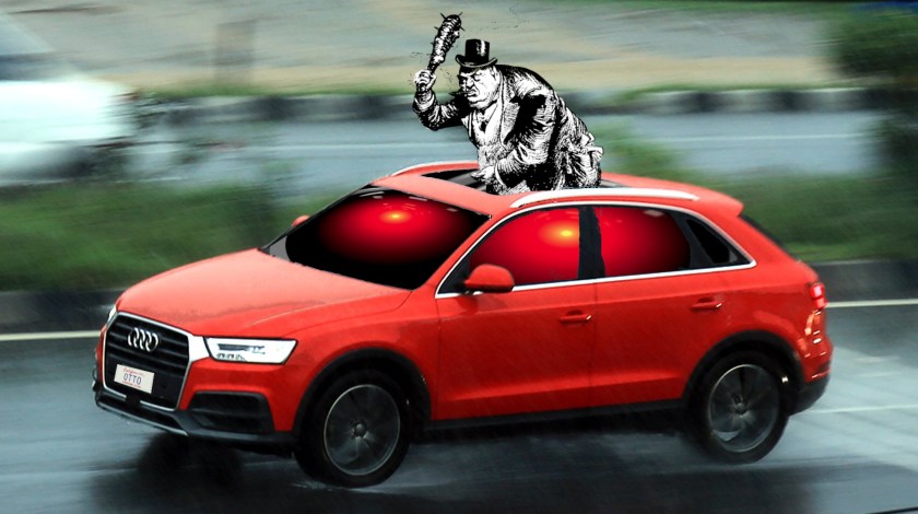 A red Audi crossover SUV speeding down a highway, with a sunroof. Sticking out of the sunroof is an old editorial cartoon depicting a debt collector: a thuggish man brandishing a club and sticking out his hand. The SUV's windows are filled with the menacing, glowing red eye of HAL9000 from 2001: A Space Odyssey. The car's license plate is a custom California tag reading 'OTTO,' the name of the lead character from the 1984 movie 'Repo Man.'