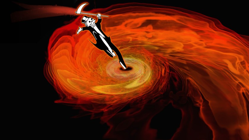 A NASA rendering entitled 'Neutron Stars Rip Each Other Apart to Form Black Hole,' pictured as a Fibonacci spiral of glowing red lines on black background. Superimposed over this is an image of Monopoly's 'Rich Uncle Pennybags,' clutching a Grim Reaper's scythe rather than a cane, his face a skull. The lower half of his body has been stretched and is disappearing into the black hole at the center of the NASA image. He is limned with red and orange and sports a red/orange comet-tail.