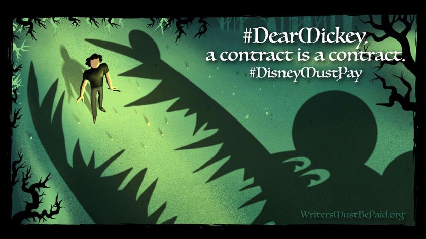 The Disney Must Pay banner, depicting a human figure overshadowed by the silhouette of a giant, fanged mutant mouse. It's captioned '#DearMickey, a contract is a contract. #DisneyMustPay.'