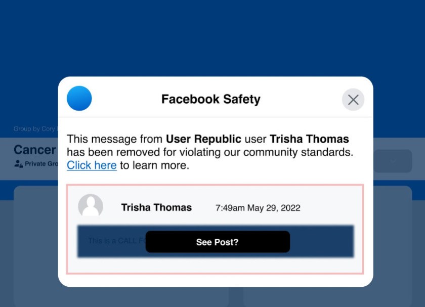 A dialog box telling FB users that an off-platform user has been blocked