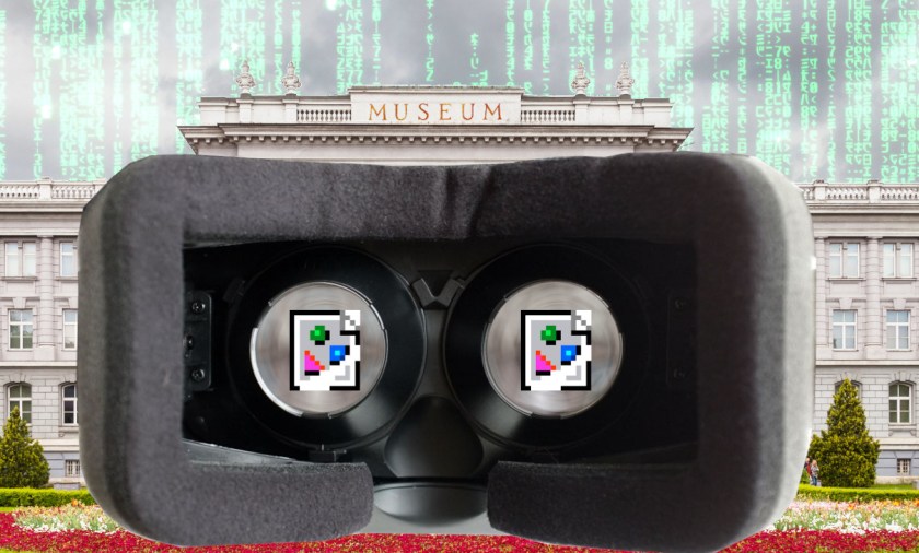 A picture of a stately columnated museum. Obscuring most of its facade is the view from inside a VR headset. The headset's eye-screens have been blurred out and a single Web 1.0-era 'image not found' Netscape icon sits in the center of each. A 'code waterfall' from the credits sequences of the  Wachowskis' 'Matrix' movie is bleeding through the sky overhead.