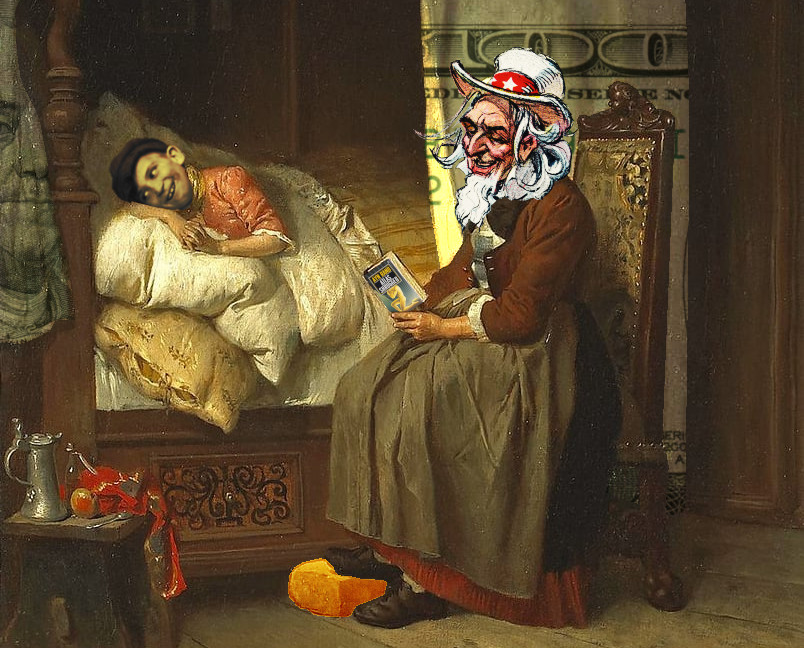 A 19th-century oil painting of a granny reading a bedtime story to a young girl in a four-poster bed. The image has been altered: the girl's face has been replaced with that of a grinning early 20th century newsboy; he looks foolish and beguiled. The granny's head has been replaced by a 19th century caricature of Uncle Sam, who is grinning wolfishly. The bed's curtains are overlaid with blown-up images of a US $100 bill. The book that granny is reading has been replaced with Atlas Shrugged. The brick granny's foot is resting upon has been replaced with a gold brick.