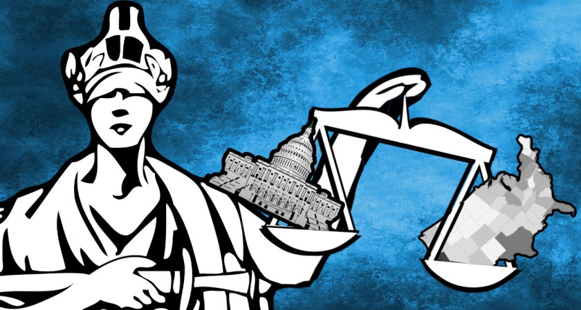 Blind justice, holding aloft a set of unbalanced scales; in the lower scale is a map of the USA showing the state lines; in the higher scale rests the capitol building.