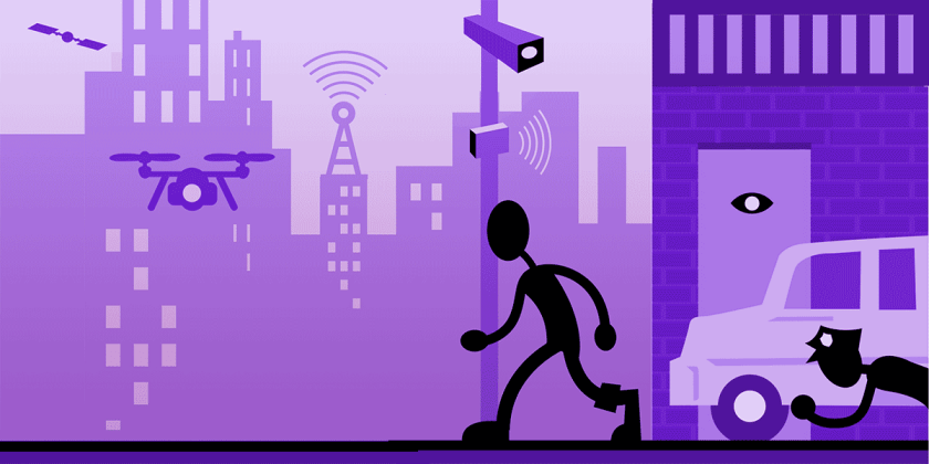 A frame from EFF's 'Overlapping Infrastructure of Urban Surveillance' graphic, depicting a person on a city street, being spied on by a drone, a satellite, a wifi node, a cellular tower, a police officer and a storefront sensor.