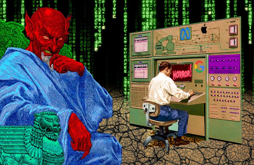 A man working at an old-fashioned  control panel covered in dials and buttons. The screen in front of him reads HORROR! in old-fashioned, dripping horror-movie letters. The control panel has the logos of Google, Apple and Meta. To his left sits an enthroned demon, sneering at the viewer. The background is a code waterfall effect as seen in the credit sequences of the Wachowskis' 'Matrix' movies.