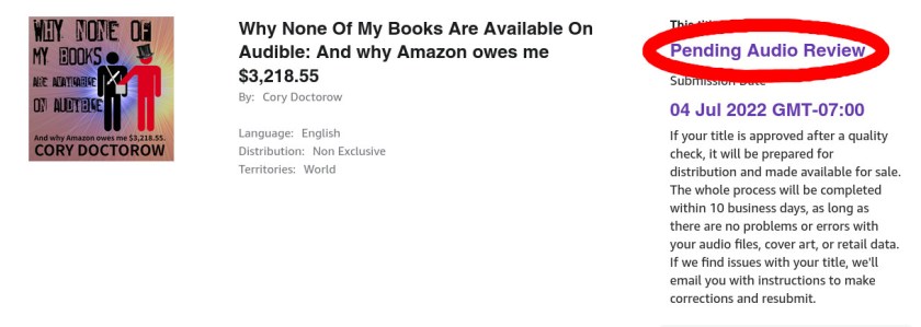 A screengrab of the ACX page for the audiobook, showing that it is 'pending audio review.'