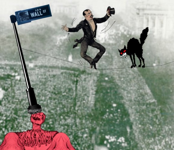 A tightrope walker in a tuxedo and top-hat. He is about to fall off his tightrope and his eyes are white and staring, while his mouth is open in a scream. The tightrope is anchored to a street-post with a 'Wall Street' sign on it. The post is being knocked askew by hundreds of tiny workers and farmers whose upraised fists have combined into one giant fist that is pushing the post over. In front of the tightrope walker is a black anarchist cat, barring his way.