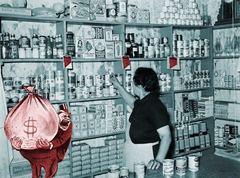 An early 20th century grocery counter before tall shelves stacked with dry-goods. A woman grocer turns to pluck an item off the shelves. Attached to the shelves in three places are binder clips supporting small notes; each note is emblazoned with a dark red guillotine blade. To the left of the image stands a shouting millionaire with a top hat and a money-bag.