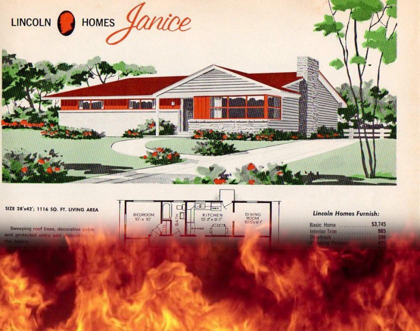 A vintage ad for Lincoln Homes; it is burning at the bottom.