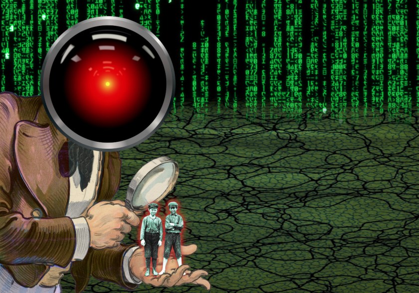 A gigantic figure whose head has been replaced with the staring red eye of HAL 9000 from Kubrick's 2001: A Space Odyssey. He peers through a magnifying glass at two boys who stand on his palm, dressed in 19th century child laborer's garb. They stare defiantly at the viewer. The scene is posed on a background whose sky is the 'code waterfall' effect seen in the Wachowskis' 'Matrix' movies and whose ground is a cracked, receding abstract pattern.