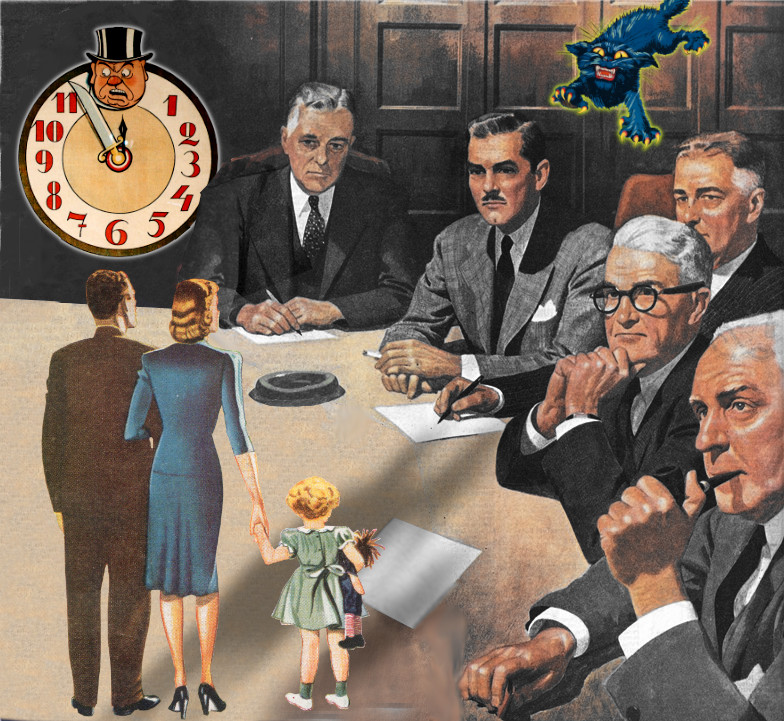 A boardroom scene in which executives are ranged around a table, their focus fixed on a figure standing at the table's end. That figure has been replaced with a family in 1950s-era clothes - a mother, father and daughter. On the wall behind the executives is an analog clock whose 12 position has been replaced by a terrified pig wearing a top hat; the hour-hand sweeping toward the pig has been replaced with a saber. Also on the wall, descending on the scene, is an anarchist black cat, claws extended.