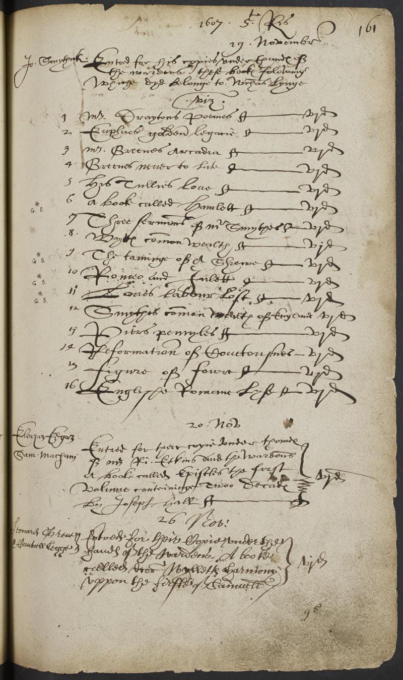 Stationers’ Register entry for the transfer of Hamlet, The Taming of the Shrew, Romeo and Juliet, Love’s Labor’s Lost, and twelve other books in 1607.