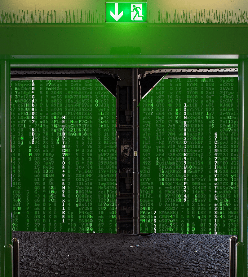 A double exit-door, open to reveal a Matrix-style code waterfall. Over the door is a green exit sign with a green halo.