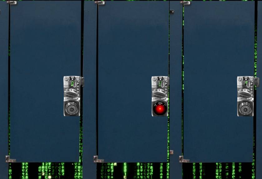 A trio of public toilet stalls, each fitted with a pay toilet coin-op lock. The middle lock’s mechanism has been replaced with the menacing, staring red eye of HAL 9000 from Stanley Kubrick’s ‘2001: A Space Odyssey.’ The space around and beneath the stalls is filled with a ‘Code Rain’ effect from the credit sequences of the Wachowksis’ ‘The Matrix.’