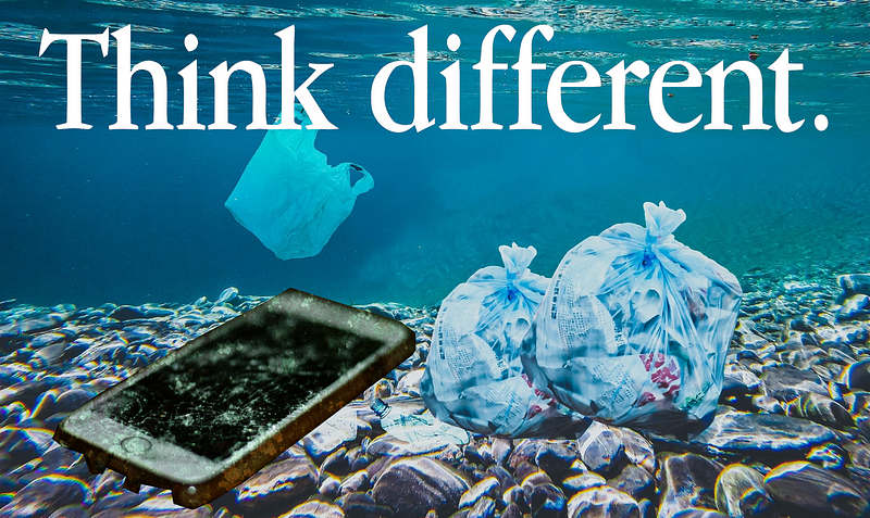 A polluted, plastic-strewn ocean-bottom; prominent in the foreground is a smashed iPhone; overhead is Apple’s Think Different wordmark.