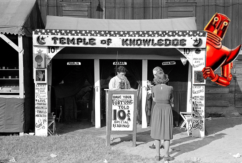 A carny fortune-telling booth called the “Temple of Knowledge.” A red sci-fi robot peeks out from the edge of it.