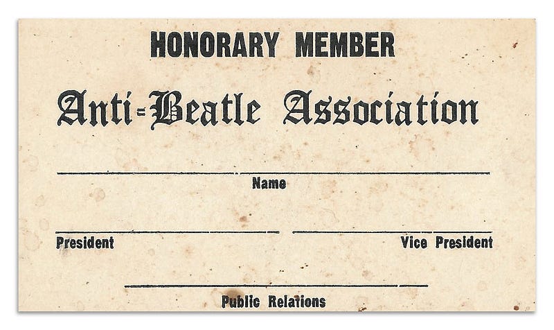 A membership card for the “Anti-Beatle Association.”