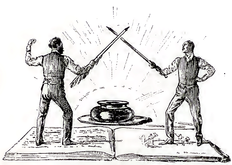 Two swordsmen cross blades while standing on the pages of an open book, an inkpot between them. The swords are antique pen-nibs.