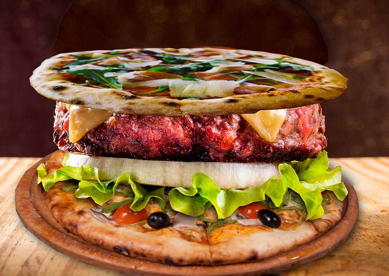 A pizzaburger: a fat, juicy beef patty with lettuce, onion and tomatoes, sandwiched between two crudely photoshopped pizzas.