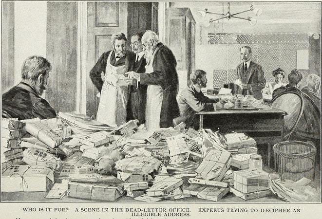 Vintage engraving of a dead letter office where postal officials struggle to decipher addressing information; captioned “Who is it for? A scene in the dead letter office experts trying to decipher an illegible address”