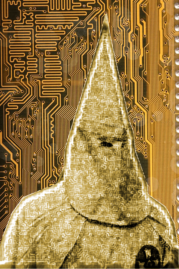 A circuit board with the silhouette of a hooded Klansman, his robes covered in circuit traces.