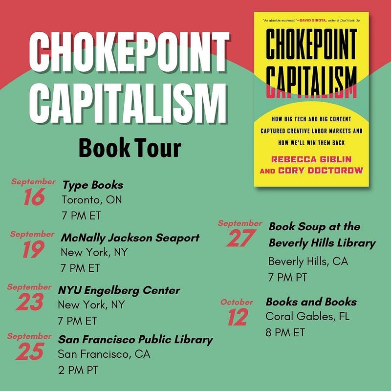 A tour graphic promoting upcoming dates on the Chokepoint Capitalism tour.