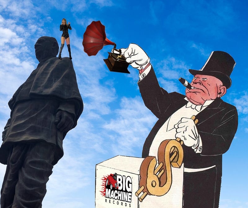 A giant figure posed against a blue, cloudy sky. On his shoulder perches a tiny Taylor Swift, mid-gesture. She is being menaced by a capitalist ogre in tuxedo and top-hat, chomping a cigar and yanking a lever in the shape of a golden dollar sign. In one white-gloved hand, he holds aloft a gramophone, pointing it at Swift. He stands at a podium emblazoned with the Big Machine Records logo.