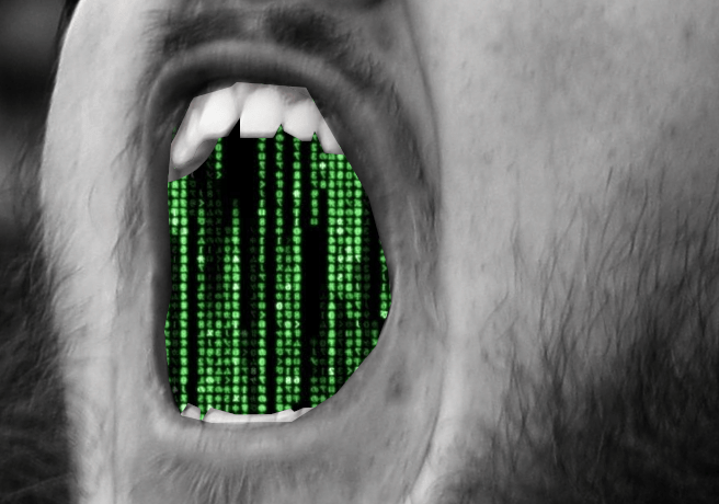 A man’s screaming, open mouth. The interior has been filled with a Matrix-style “code waterfall” effect.