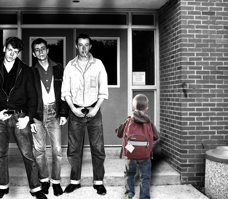 A middle school doorway. Three cigarette-smoking hoodlums block it from a small schoolboy, seen from behind, carrying a backpack.