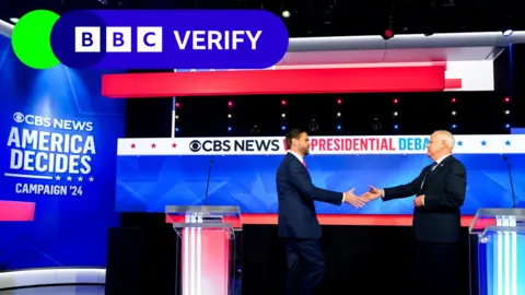 Tim Walz and JD Vance shake hands during the VP debate on CBS News. 