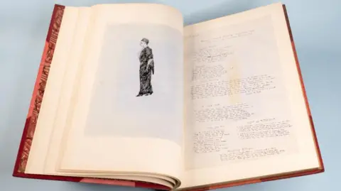 An open book showing a sketch of a person and notes on the opposite page